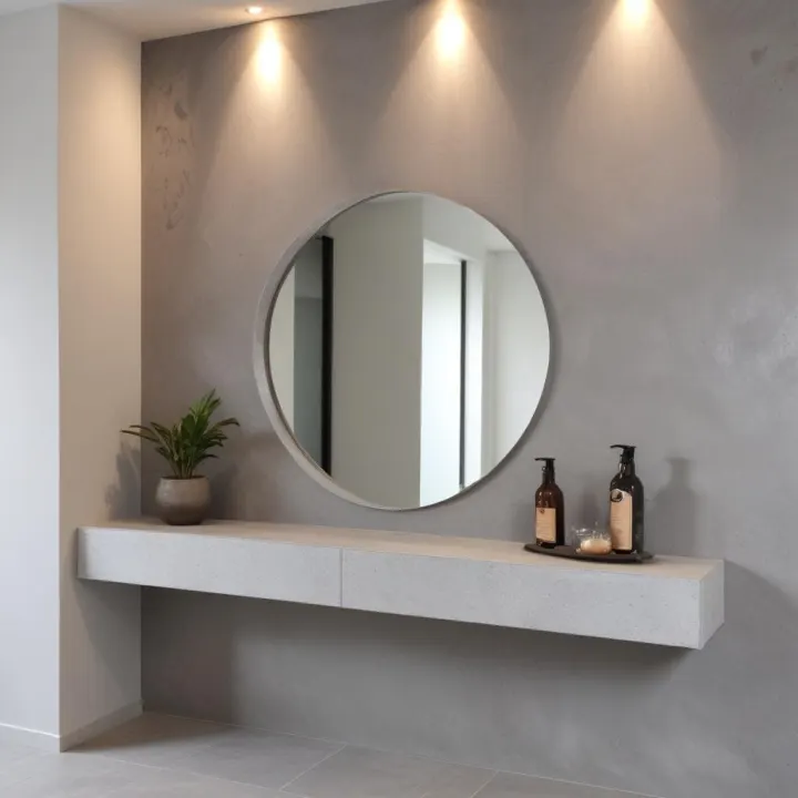 Microcement wall with inset shelving